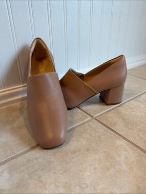 Clarks Mauve Brown Block Heel Loafers